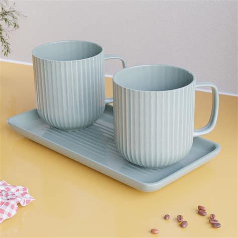 The Earth Store Pastel Fringe Grey Ceramic Coffee Mugs with Tray ...