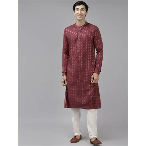 Buy See Designs Men Burgundy & Beige Woven Design Thread Work Kurta ...