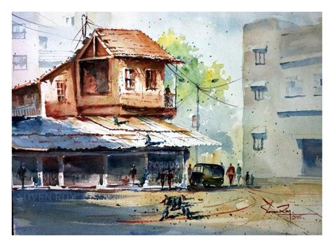 "Scene From Pune City": Yellow Watercolor Painting by Soven Roy ...