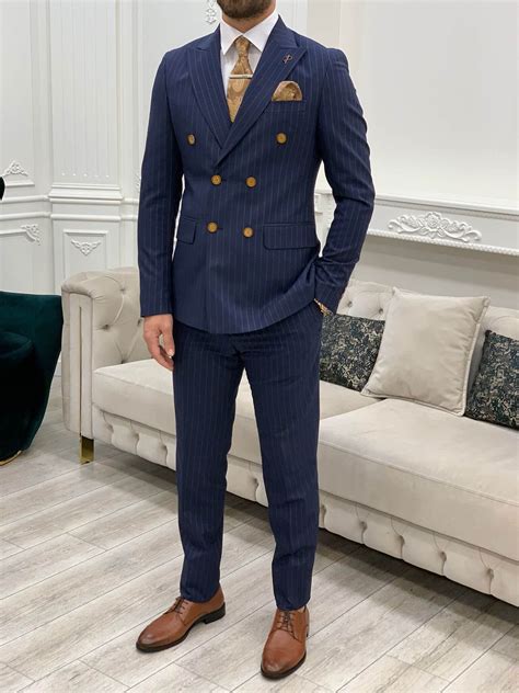 Pinstripe Navy Blue Double Breasted Suit | Blue slim fit suit, Classy ...