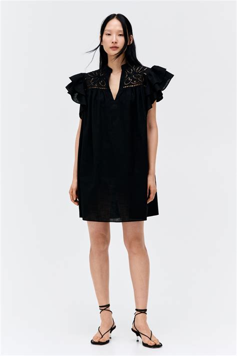 Flutter-Sleeve Dress with Eyelet Embroidery - Black - Ladies | H&M US