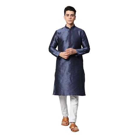 Buy Manthan Mens Woven Design Dupion Silk Kurta (Navy Blue) Online