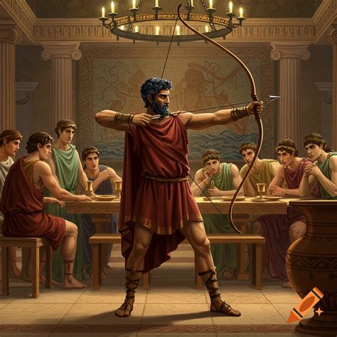 Odysseus stringing a bow in a hall with suitors on Craiyon
