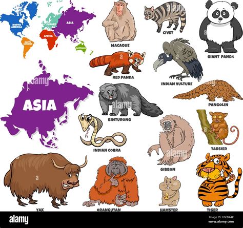Educational cartoon illustration of Asian animal species set and world ...