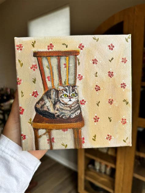 Whimsical Cat Acrylic Painting on Chair, 6x6 Acrylic Canvas Wall Art ...