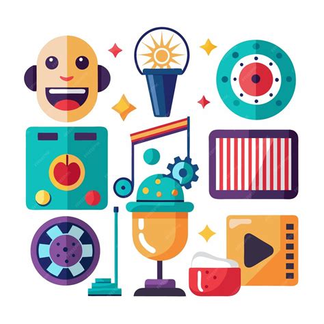 A collection of colorful flat icons including a smiley face a sun a microphone music notes a ...