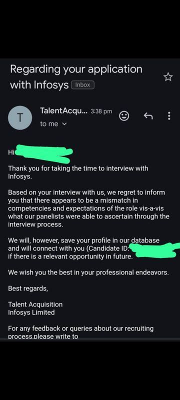 Hi team I got this rejection mail today from Infosys and process went ...