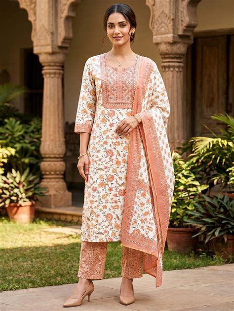 Offwhite Floral Cotton Salwar Suit Set Soft Comfortable Ethnic Wear