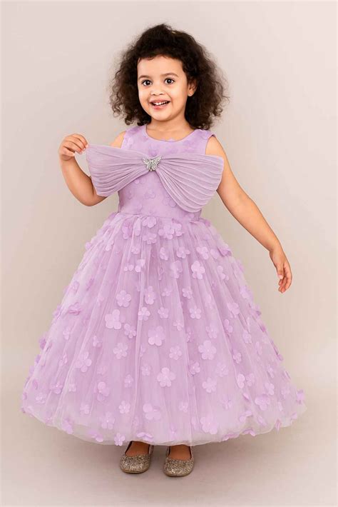 Lavender 3D Floral Appliqué Party Gown With Pleated Bow And Butterfly ...