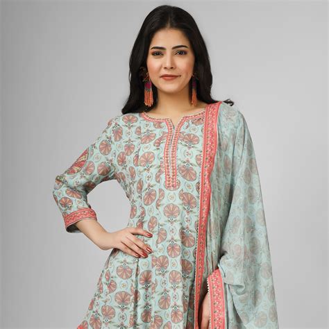 Buy Turquoise Printed Flared Kurta Set For Women | Indyverse