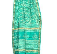 Turquoise Blue With Block Print Design And Diya On Pallu Chanderi Saree ...
