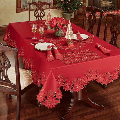 Christmas Poinsettia Red Cutwork Tablecloth and Table Linens
