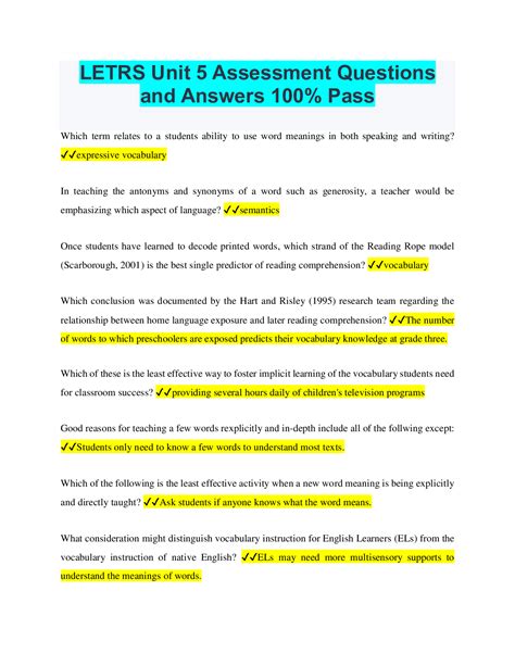 LETRS Unit 5 Assessment Questions and Answers 100% Pass - Scholarfriends