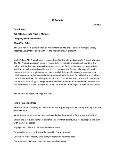 JD Analysis - practice materials - JD Analysis Group 2 Description Job ...
