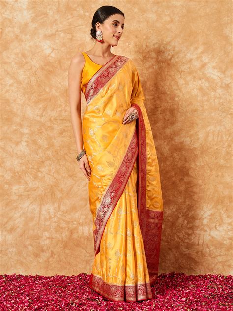 Mustard Banarasi Handloom Silk Saree with Contrast Weaving Border ...