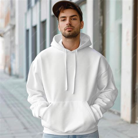 Premium Photo | A man in a white hoodie standing on a sidewalk