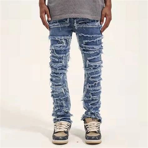 Men Streetwear Stacked Blue Denim Jeans Y2k Distressed Jeans - Etsy