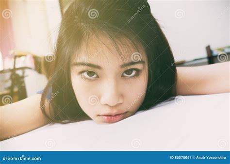 Cute Asian Girl Taking Selfie on Bed Stock Image - Image of cute ...