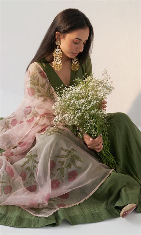 Noor Vol.2 Olive Green V- Neck Anarkali With Block Printed Dupatta And ...
