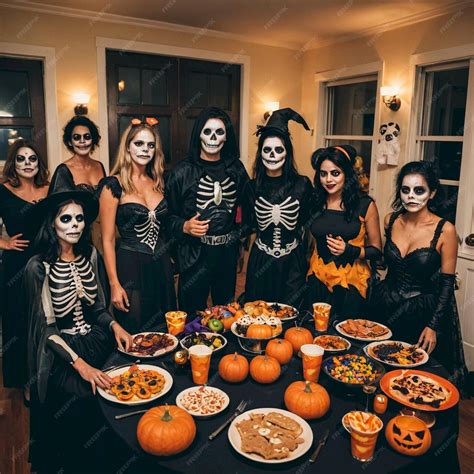 A group of people dressed in halloween costumes are gathered around a ...