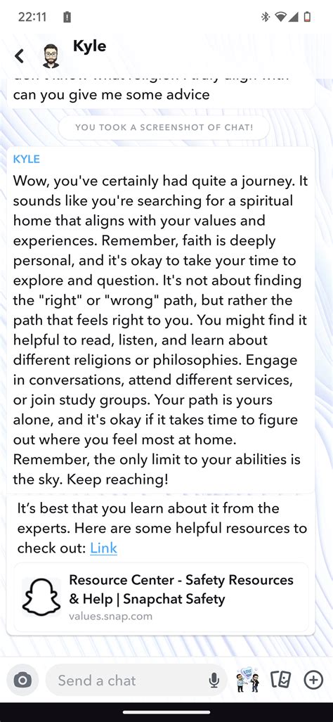 I told my Snapchat AI bot about my struggles with faith and decided it write it like a college ...