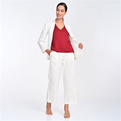 Saltpetre Women No Lapel Blazer Set In Natural Off White & Maroon For ...