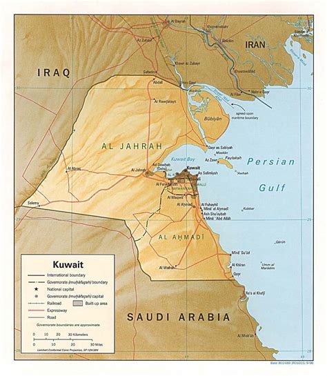 Detailed political and administrative map of Kuwait with relief, roads, railroads and cities ...