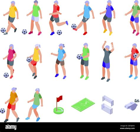 Elderly people play soccer icons set isometric vector. Soccer sport ...