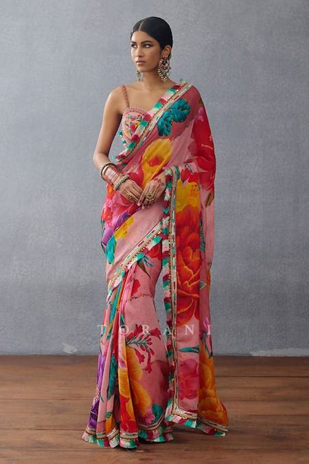 Buy Pink Organza Embroidery, Tassels Dil Rang Nalini Floral Print ...