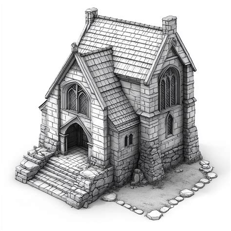 Front view building for a fantasy map black and white with white ...