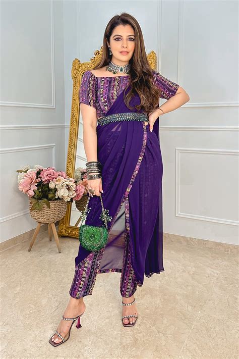 Influencer Natasha in Our Purple Printed Pant Saree – Chhavvi Aggarwal