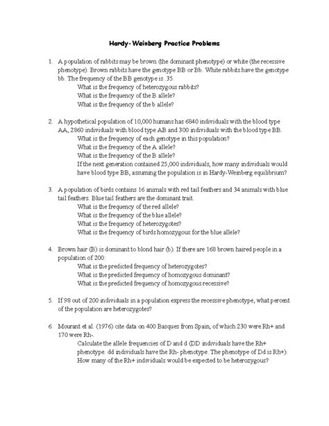 Hardy-Weinberg Practice Problems - Brown rabbits have the genotype BB ...