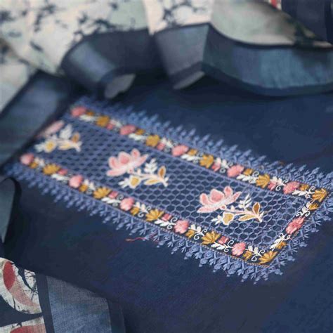 Noorani Navy Blue Thread Embroidered Neck Work Cotton linen suit Set ...