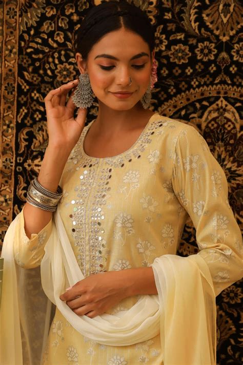 Shop Yellow Cotton Yarn Lurex Khari Block Print Floral Kurta Pant ...