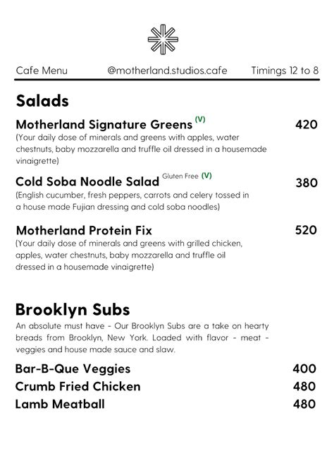 Menu at Motherland Cafe, Kolkata