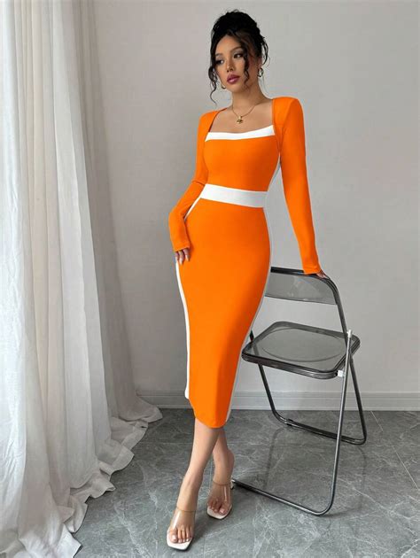 Elenzga Square Neck Color Block Figure Hugging Sexy Women Dress Maxi ...