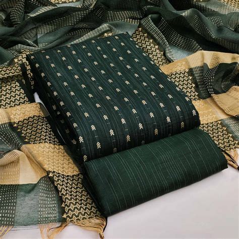 Bottle Green Woven Cotton Blend Dress Material