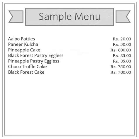 Menu at Manchanda's Bakery, New Delhi