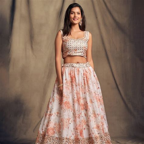 White & Beige Printed Semi-Stitched Lehenga & Unstitched Blouse With ...