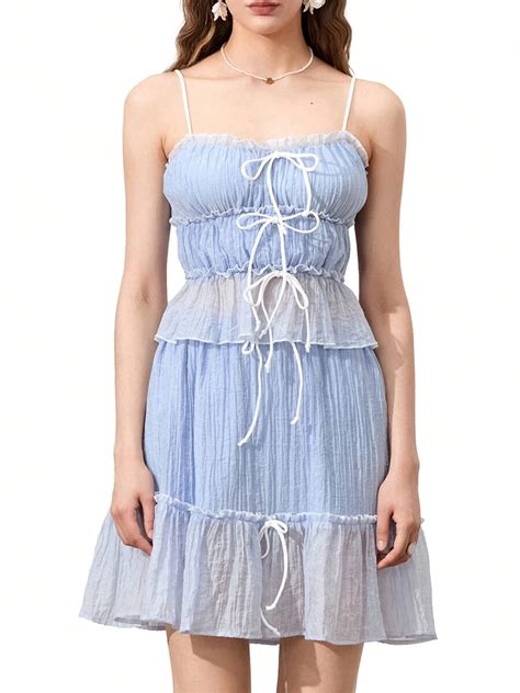 Women's 2 Piece Skirts Outfits Patchwork Trim Tie-Up Spaghetti Strap ...