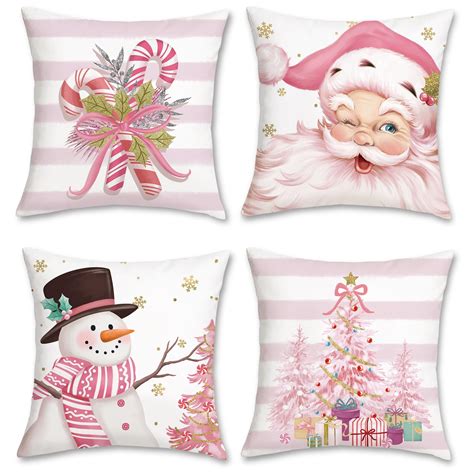 Amazon.com: Bonhause Pink Christmas Throw Pillow Covers 18x18 Inch ...