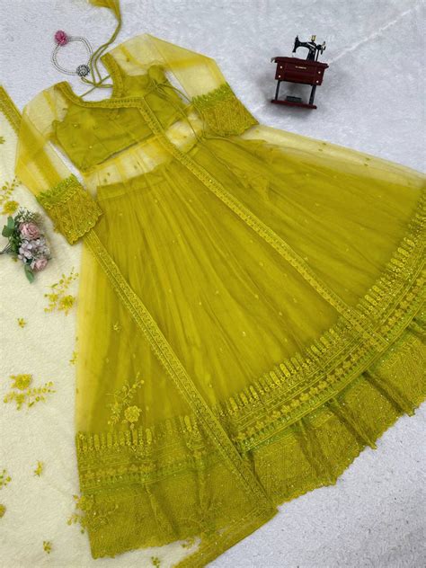Lemon yellow Designer Butterfly Net Kediya Shrug Lehenga Set