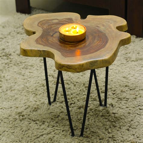 Live Edge Side Table | Sheesham Wood with Hairpin Legs (18 inch Diamet ...