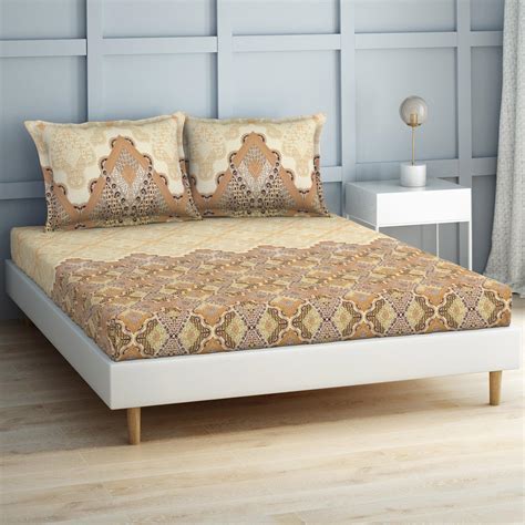 Buy SPACES Occasions Brown Printed Cotton King Fitted Bedsheet Set ...