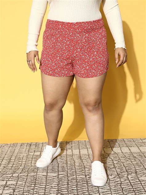 Women Plus Size Red & White Floral Printed Polyester Slip-On High-Rise ...