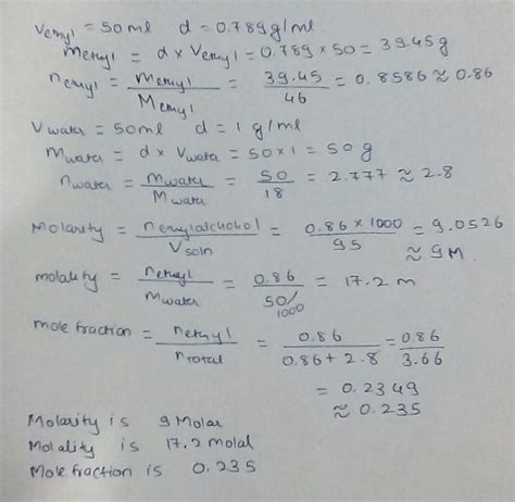 Calculate the molarity molality and mole fraction of ethyl alcohol in a ...