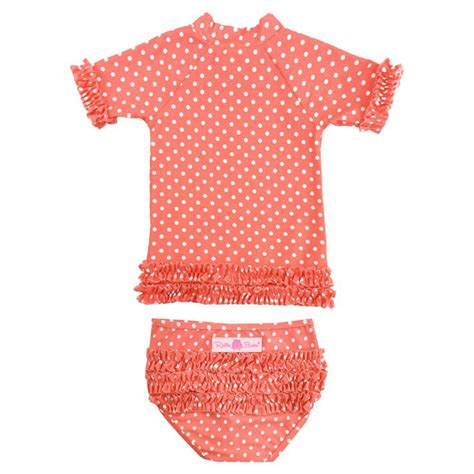 Ruffle Butts Coral Polka Dot Ruffled Rash Guard Swim Set