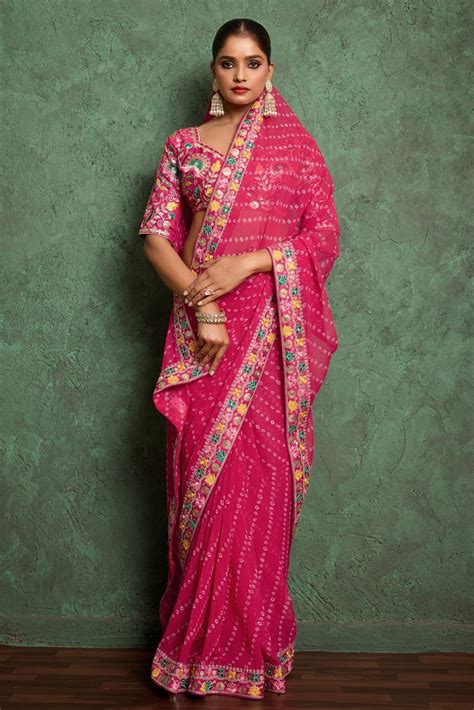 Buy Pink Embroidered Georgette Bandhani Saree Online | Saree Buta ...