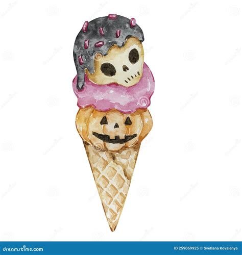 Watercolor Halloween Spooky Ice Cream with Pumpkin and Skull Stock ...