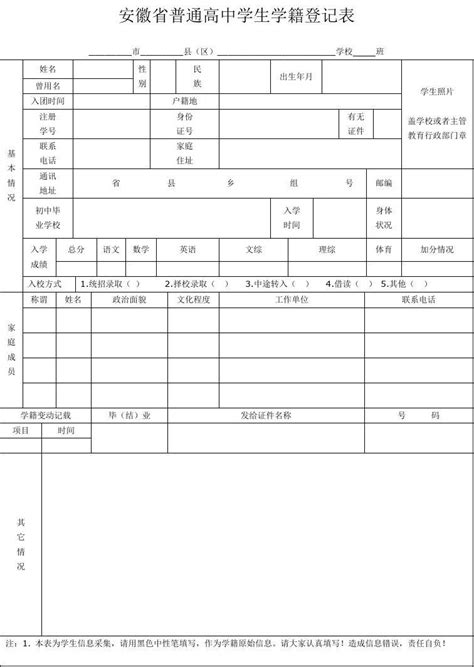 学校 学生入学登记表 Excel模板_千库网(excelID：59051)